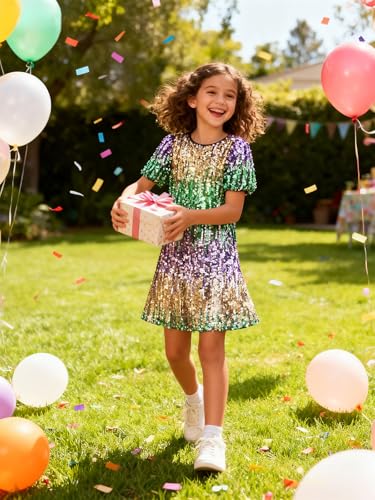 Image of WELAKEN Girls Ombre Sequin Dress Sparkly Fancy Short Puff Sleeves Gradient Party Dress