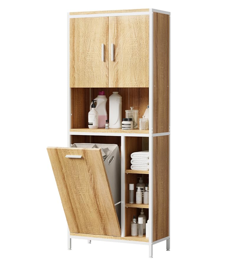 ELUCHANG Armario de Baño con Cesto Ropa Sucia 50L, Mueble de Baño 2 en 1 con 3 Divisiones Ajustables, Bolsa Extraíble Lavable, para Baño y Lavadero, 63x30x162cm, Roble Claro + Blanco
