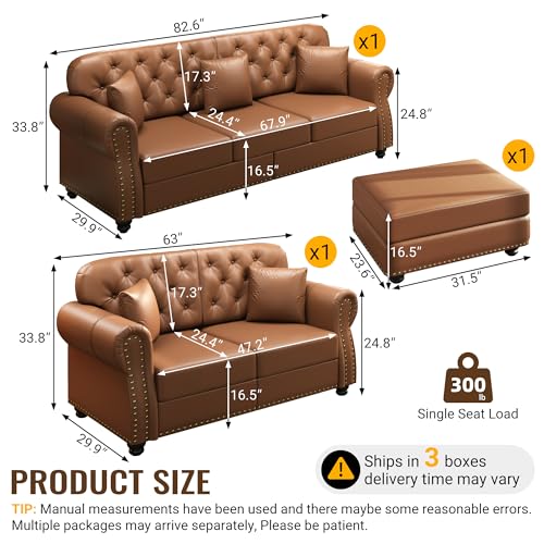 Image of KEIKI 2-Piece Chesterfield Sofa Set with 1 Faux Leather 3-Seater Sofa & 1 Loveseat Sofa, Upholstered 5-Seater Couch Set with Nailhead Trim & Rolled Arms & 1 Ottoman & 5 Pillow, for Living Room, Brown