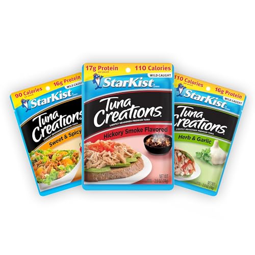 StarKist Tuna Creations Variety Pack, 3-Pack Trial (Hickory Smoked, Herb & Garlic, Sweet & Spicy), Ready-to-Eat Tuna Pouches, 13g–18g Protein, On-the-Go Snack or Meal