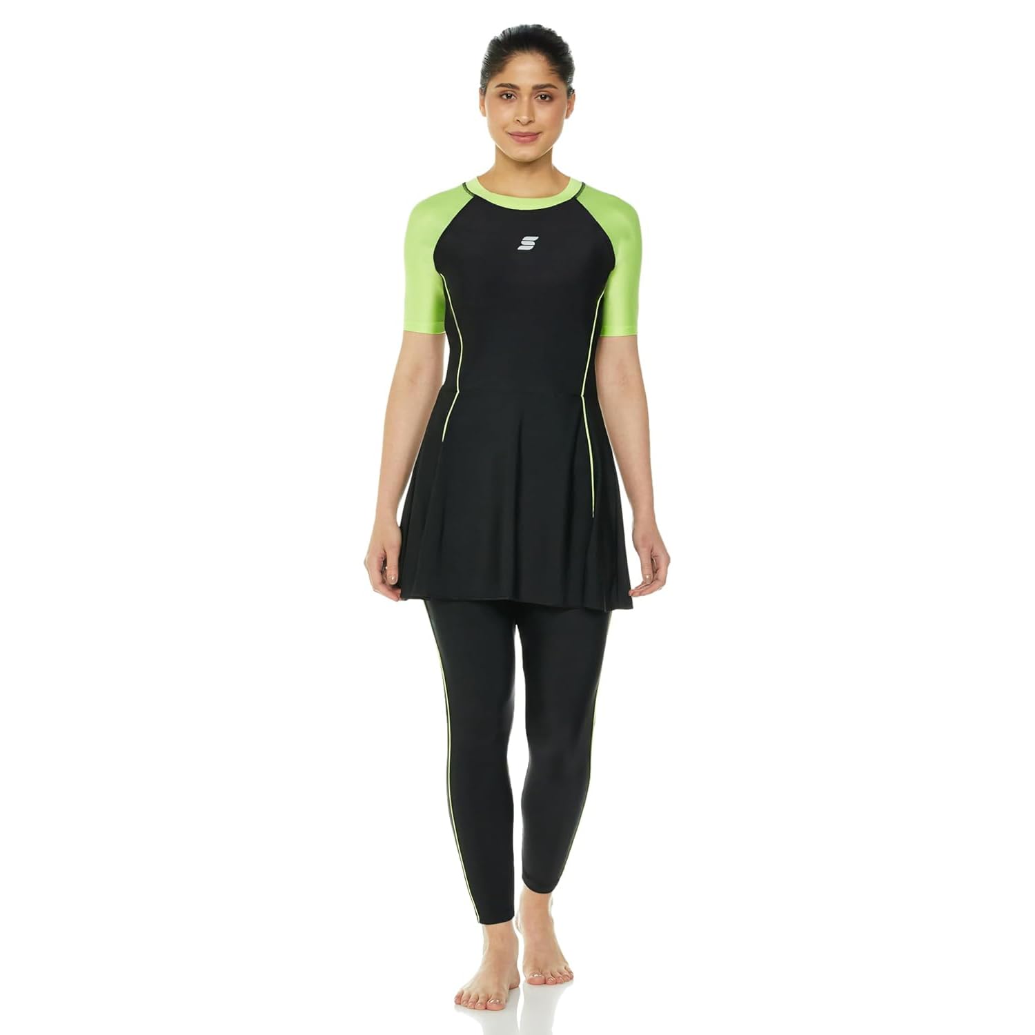 Amazon Brand: Symactive - Swimming Suit for Women 2 Piece Swim Suit Set for Women Full Body Swimming Costume for Woman Stretchable Fit Swimwear for Ladies Polyspandex Swim Dress Black & Neon XL-image-35