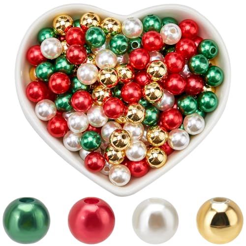 SOFPLATE 600pcs 4 Colors 8mm Imitation Pearl Beads Christmas Theme Acrylic Plastics Red Green Gold Dyed Faux Artificial Pearls Bulk for Jewellery Making DIY Holiday Necklaces Earrings