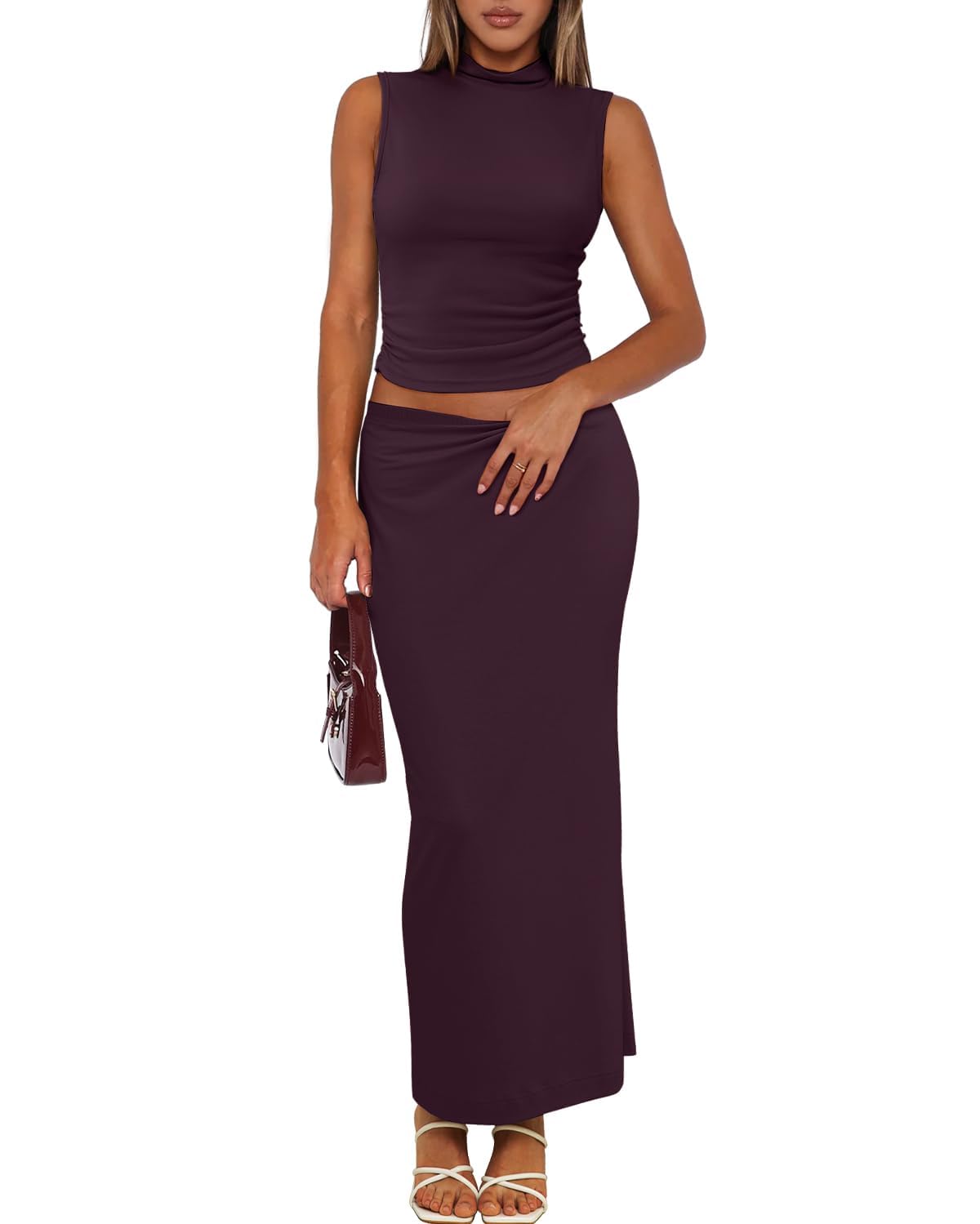 womens 2 piece skirt sets casual summer outfits sleeveless mock neck crop tank tops high waist long maxi dress set