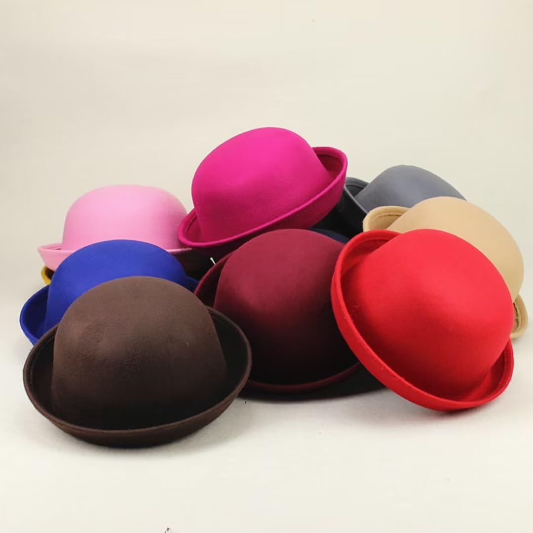 Chapeaux De Derby Ronds pour Enfants, Filles Et Garçons, Chapeau Seau Panama à Bord Retroussé, Feutre De Laine, Chapeaux Melon Ronds élégants, Tour De Tête 54cm