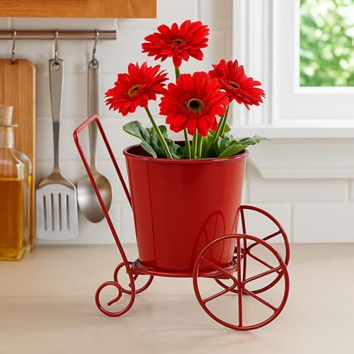 Image of CINAGRO Metal Wagon Planter, Red Pram Rickshaw-Shaped Metal Plant Stand for Indoor & Outdoor Use, 2 Wheel Pot Stand, Flower Vase, Decorative Iron Pot Holder for Flowers & Ornaments, 27 x 13 x 21 cm