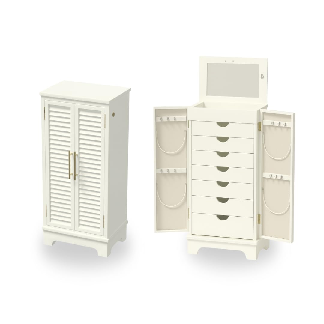 Hives and Honey Porsha Jewelry Armoire Fully Locking with Mirror 7 Drawers Necklace Hooks Ring Storage Solid Wood