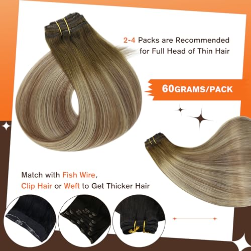 Image of Full Shine Human Hair Extensions Clip In Ash Brown Ombre Blonde 17 Inch 60g | 3 Pcs, Lightweight Fill Ins for Thin Hair, Lace Weft, Heat Styling Friendly, Shoulder-Length Hair Blending, Secure Hold