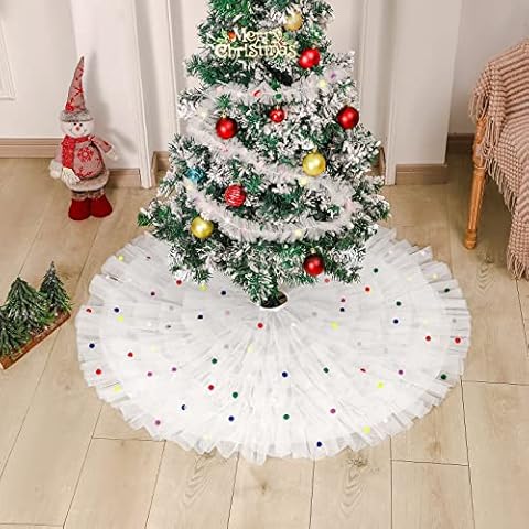 SEAHOME Christmas Tree Skirt, Round Xmas Tree Mat with Colorful Pom-poms White Mesh Pleated Skirt Festive Decorations Ornaments for Party Holiday Home Decorations-90cm Cover