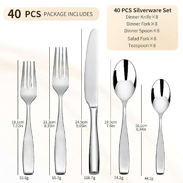 40 Piece Silverware Set for 8, Heavy 18/10 Stainless Steel Flatware Set by SuperCook - Used condition - Image 2