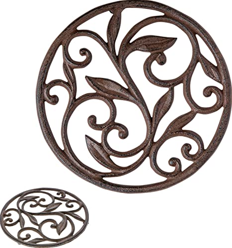 Cast Iron Trivet Round with Vintage Pattern Decorative Cast Iron Trivet For Kitchen Or Dining Table 77 Diameter Rust Brown Color With Rubber Pegs by Comfify