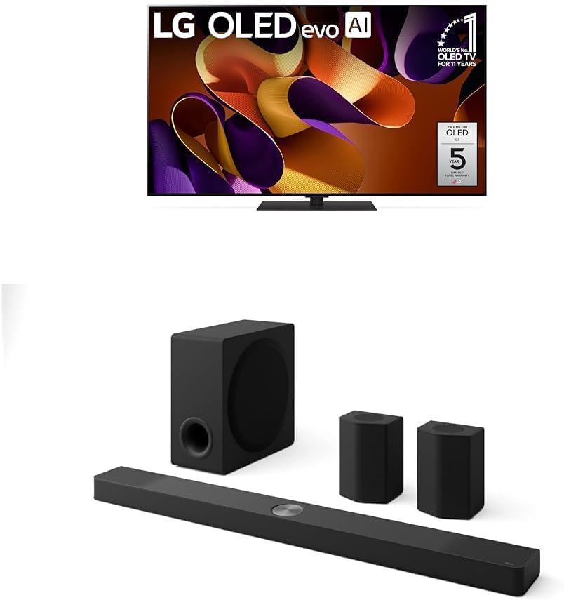 LG 55-Inch Class OLED evo G4 Series Smart TV 4K Processor Flat Screen with Alexa Built-in (OLED55G4SUB, 2024), 9.1.5 ch. Sound Bar with Wireless Dolby Atmos Soundbar and Rear Speakers