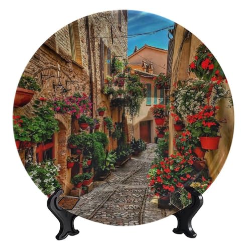 Landscape Theme Ceramic Decorative Plates, Flowery Country Streets Round Decorative Plate, with Decorative Bracket, for Living Room Bedroom Kitchen or Office Wall Hanging, 10 inch