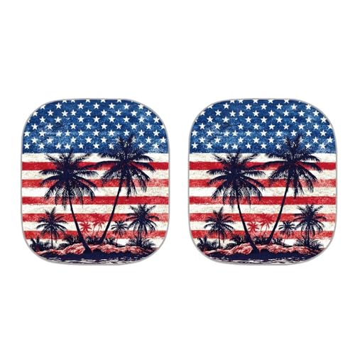 Image of 2 PCS Windshield Sun Shade Foldable Palm Tree American Flag Car Front Window Sunshade for Most Cars SUV Truck Heat Shield Sun Visor Removable Automotive Accessories