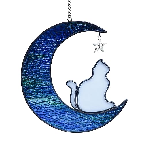 Stained Glass Cat Suncatcher, Cat Memorial Gifts Ornament, Cat on Moon Stained Glass Window Hangings Pet Memorial Gifts for Cat Themed Gifts for Cat Lovers, Cat Remembrance Gifts for Women, Mom by YT3 Studio - Used condition - US$10.75