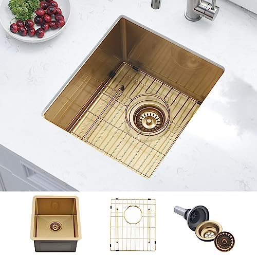 BoomHoze Gold Bar Sink Undermount, 15 x 17 Inches Small Kitchen Prep Sink for Wet Bar Outdoor RV 16 Gauge...