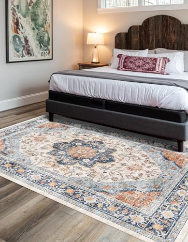 vivorug 8x10 Area Rugs for Living Room, Non-Slip Backing Washable Rug 8x10, Large Area Rug Soft Carpet for Bedroom Dining Room, Vintage, Easy Clean, Durable, Low Pile Rug Orange/Navy