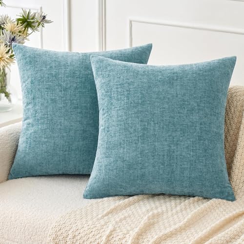 Image of MIULEE Pack of 2 Smoke Blue Throw Pillow Covers 16x16 Inch Soft Chenille Pillow Covers for Sofa Living Room Couch Solid Dyed Cases
