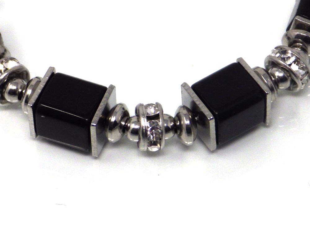 Bracciale rigido da donna in acciaio inossidabile con perle di vetro nero e perline di strass