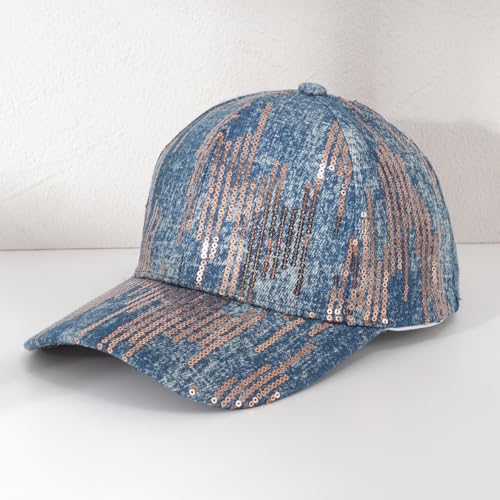 Casquettes de baseball à rayures et paillettes style vintage en bleu clair pour hommes et femmes - 3