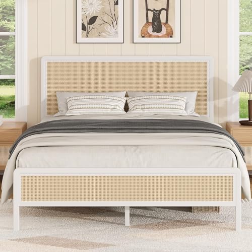 IMMERSTABLE Rattan Queen Bed Frame with Headboard, Boho Metal Platform Bed Frame Queen Size with Steel Slats Support, Rounded Corners, No Box Spring Needed, Noise Free, Easy Assembly, White