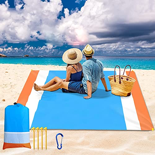 Laufunjoy Manta de Playa Impermeable, Alfombra de Playa Manta de Picnic Impermeable Alfombra de Camping 200x210cm con 4 Estaca Fijo para Playa, Acampar, Picnic y al Aire Libre, Azul+Gris