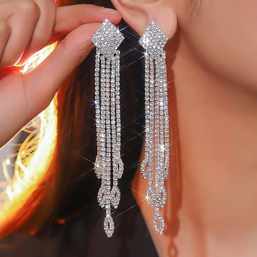 Rhinestone Drop Earrings for Women Sparkly Long Tassel Earrings Dangling Crystal Statement Prom Earrings Wedding Party Dress Outfit Jewerly Gifts2