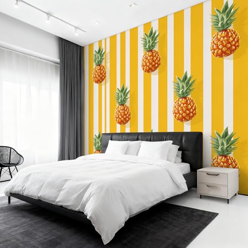 Papier peint ananas intissé à rayures décoration murale salon