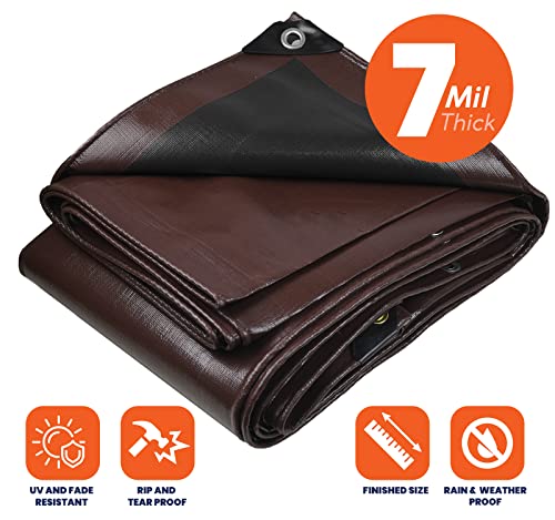 Image of Heavy Duty 7 Mil Tarp Cover, Waterproof, UV Resistant, Rip and Tear Proof, Poly Tarpaulin with Reinforced Edges for Roof, Camping, Patio, Pool Cover, Boat (Brown /Black 40′ X 50′)