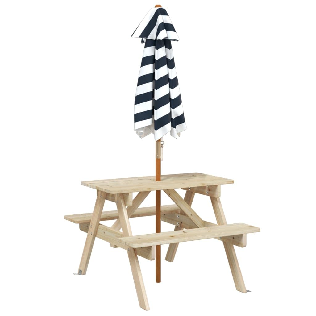 Tavolo da picnic per 4 bambini con ombrellone in legno di abete massiccio, tavolo da giardino per terrazza, balcone, giardino, stabile tavolo da esterno con piano e struttura, ideale per