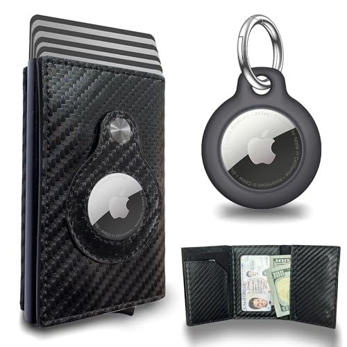 Wallet for Men - Carbon Fiber Credit Card holder and metal AirTag Keychain Slim wallet Magnetic closing and RFID security