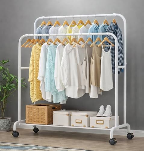 Image of Owme Heavy Duty Metal Garment Rack with Wheels | Portable Clothes Hanging Stand | Rolling Clothing Rack for Bedroom, Laundry & Retail Store | Space Saving Cloth Stand - WHITE Double Stand
