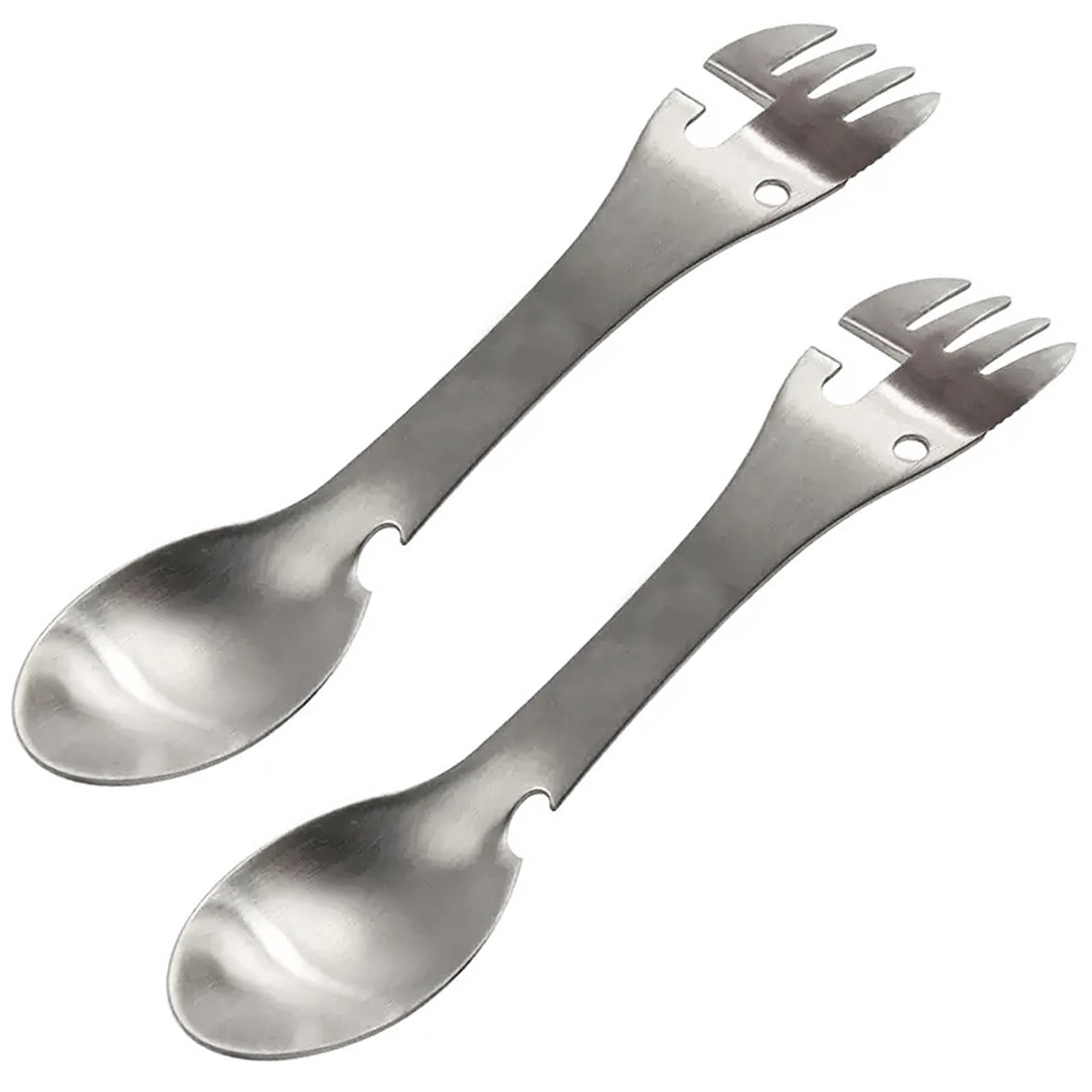 Multifunktions-Göffel für Camping, 5-in-1, Löffel, Gabel, Messer, Dosenöffner, Kombi, 18/10 (304), Edelstahl, tragbare Utensilien für Outdoor, Picknick, Wandern, Angeln, Bootfahren, Grillen,