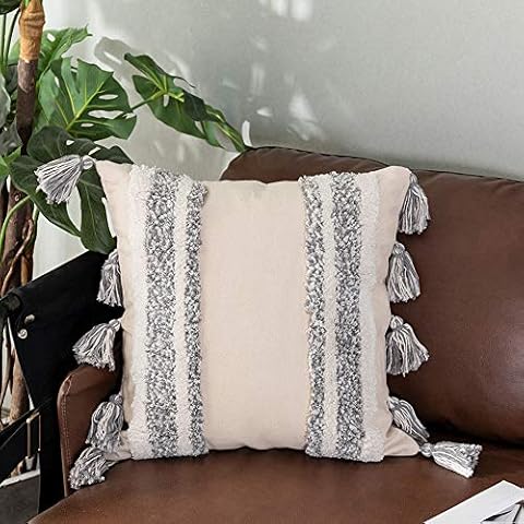 Sungea Decorative Linen Throw Pillow Cover, 20 x 20 Farmhouse Rustic Pillowcase Grey White Striped Tufted with Tassels Square Cushion Cover Boho Neutral Pillow Sham for Sofa Couch Bedroom Living Room Cover