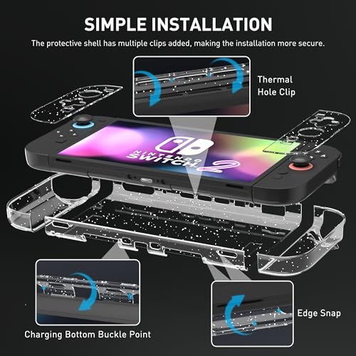 Image of RHOTALL Slim Glitter Case for Nintendo Switch 2 2025, Hard PC Sparkle Crystal Protective Dockable Shell Cover with Tempered Glass Screen Protector for Switch 2 7.9 Inchsparkle, 4 Thumb Caps