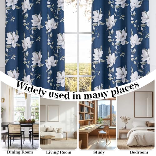 Image of MYSKY HOME Floral 95% Blackout Curtains 54 Inch Long 2 Panels Set for Kitchen White Flower Printed Thermal Insulated Light Blocking Black Out Grommet Window Treatments, 52 inch W Each Panel, Blue