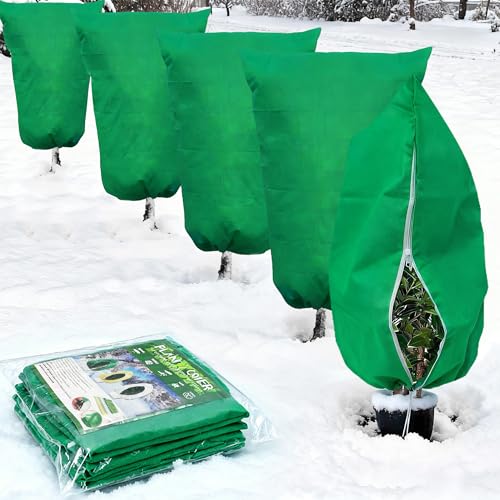 ifory Plant Covers Freeze Protection, 5 Pack Frost Covers with Zipper Drawstring (31.5' x 47.3') Plant Protection Cover Bags for Outdoor Winter Frost Cold Weather Shrubs Trees Jacket Covers, Green