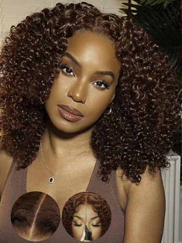 KLAIYI Bye Bye Knots Glueless Wig Reddish Brown Curly Bob Wig Human Hair Pre Cut 7x5 HD Transparent Lace Front Wigs for Women Pre Plucked Pre Bleached Water Wave Ready to Wear and Go Wig 150% 8Inch