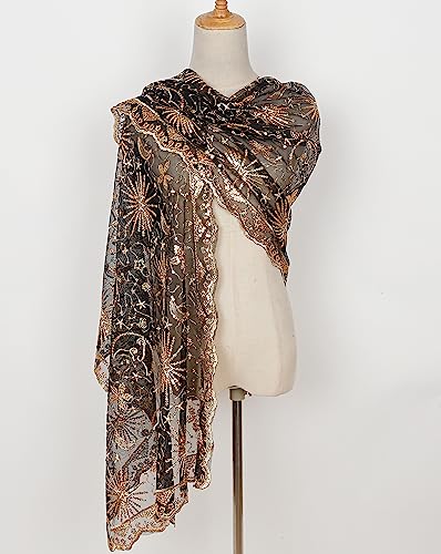 L'VOW Women's Glittering 1920s Scarf Mesh Sequin Wedding Cape Fringed Evening Shawl Wrap2