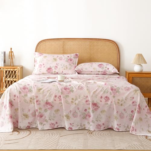 Image of Story@Home 240 TC Air Cotton King Size Bedsheet, Pink & Green, 270 x 250 cm | Air Cotton Flatsheet, Two Pillow Covers, 240 TC, Super Soft, Floral Design