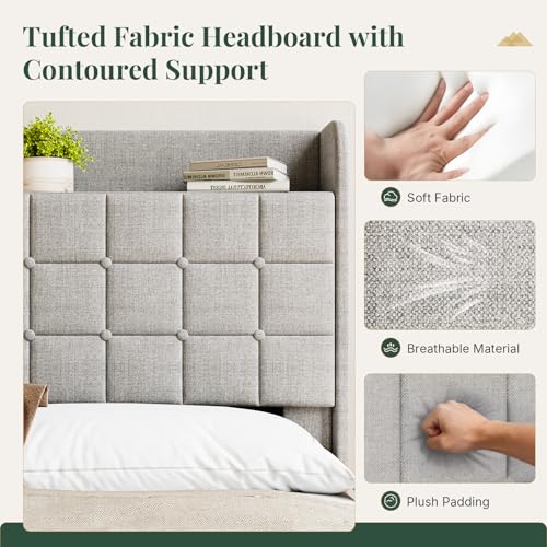 Image of Queen Size Storage Bed Frame, Square Tufted Headboard, Platform Bed with 2 Underbed Drawers at Foot, Wooden Slats Support, No Box Spring Needed, Light Gray