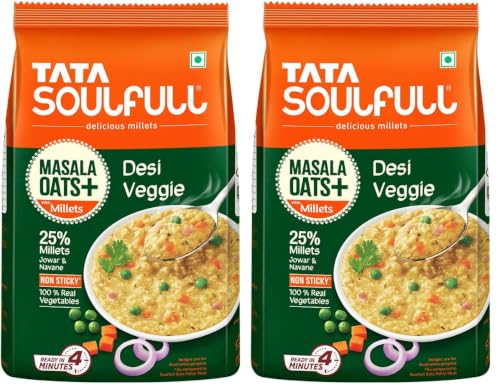 Image of Tata Soulfull Masala Oats+ With Millets, Desi Veggie, 500g, Real Vegetables, 25% Millets, Non Sticky, Evening Snack, Healthy Snack (Pack of 2)