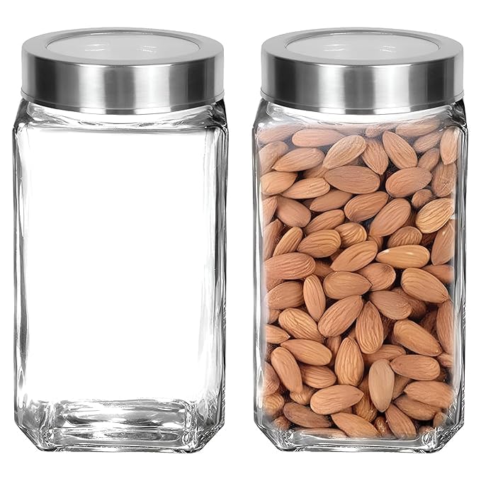 LEOMORD Glass Jar and Conatiner For Kitchen, Cube Shape Jar, glass jars for kitchen storage 1kg set, cube jar 1000 ml, airtight, transparent (Pack of 2)