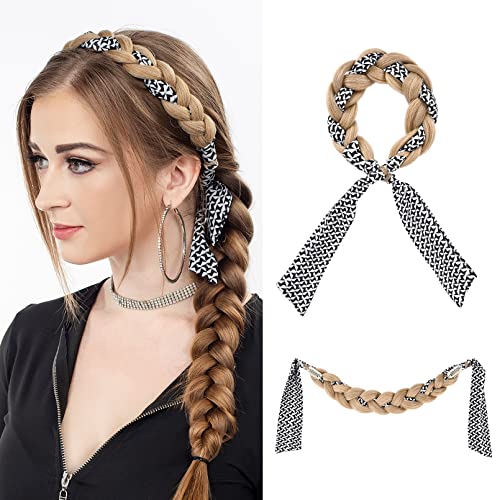 SEIKEA Braided Headband with Hair Scarf 3 Strands Floral Ribbon Plaited Braid Hairband with 2 Clips Fake Synthetic Hairpiece Hair Accessories For Women Girls Daily Wear 50g Blonde