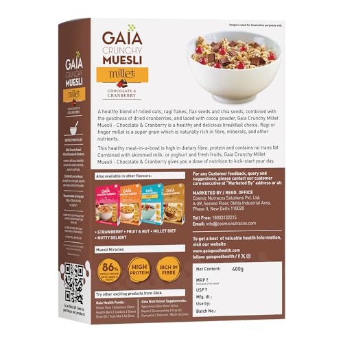 Image of Gaia Crunchy Millet Muesli Chocolate & Cranberry | High in Dietary Fibre | Low Sugar| Zero Trans-Fat | Zero Cholesterol | rich source of omega 3 fatty acids 400G