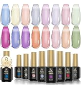 Jelly Nude Gel Nail Polish Set, 8 Transparent Pink Blue Colors Kit Color Changing Gel Polish UV L...