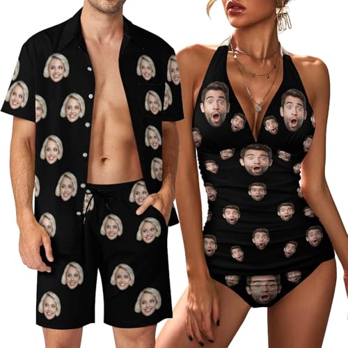 Custom Face Matching Hawaiian Set Swimsuits for Couples,Personalized Women's Halter Deep V-Neck Bikini Sets or Men's 2 Piece Button Down Shirts and Shorts for Beach Vacation