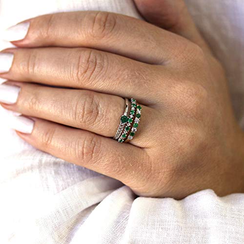 0.3 Ct Tw Natural Green Emerald & Diamond Solid 14K White Gold Alternating Stackable Wedding Band Ring For Women 2 Mm - May Birthstone #TOP7