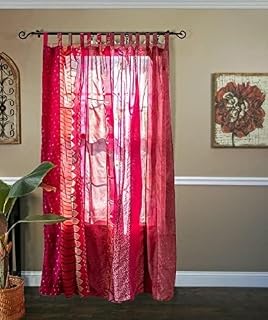 YILLE Handmade Boho Silk Sari Curtain Panel (1 Piece), Bohemian Vintage Lightweight Recycled Indian Silk Saree Window Drapes for Living Room, Aesthetic Home Décor Wall Hanging - 84 X 43, Pink