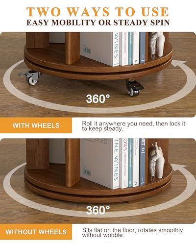 Image of IUNVR 4 Tier Rotating Bookshelf Tower Spinning Bookshelf with Swivel Wheels Book Shelf Rotating Storage Tower for Kids Adult Narrow Solid Wood Revolving Bookcase Organizer for Bedroom Living Room
