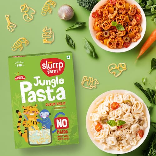 Image of Slurrp Farm No Maida Jungle Pasta | Made with 100% Durum Wheat /Semolina /Suji | 100% vegetarian & Cooks in 8 minutes | Made in fun animal shapes like monkey, giraffe, elephant, tiger and rhino